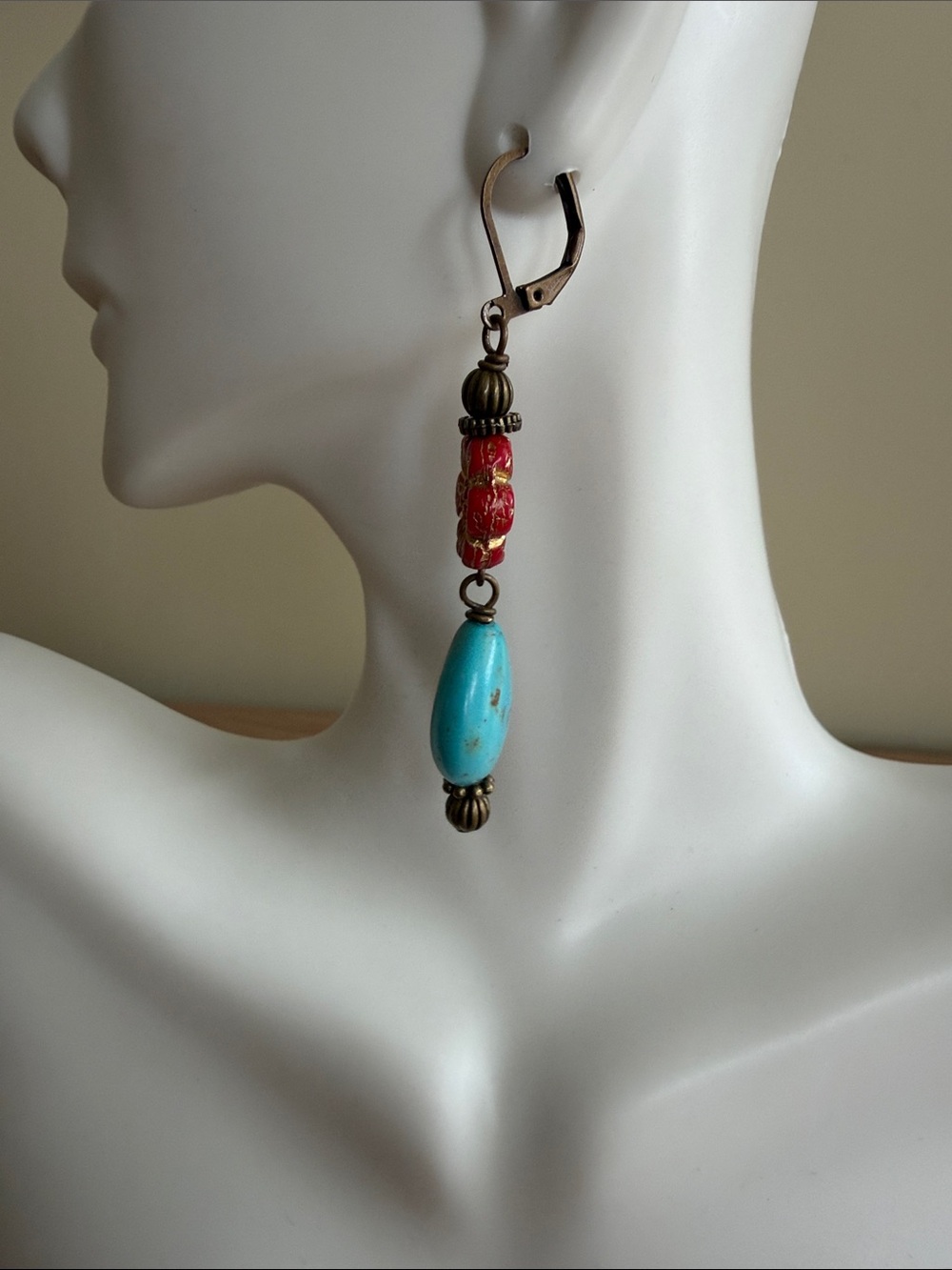 HAND CRAFTED TURQUOISE HOWLITE CZECH GLASS FLOWER DROP EARRINGS Southwestern - Picture 5 of 9